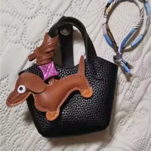 Mini Leather Bag For AirPods Case  With Tiny Dachshund As Decor Black Set